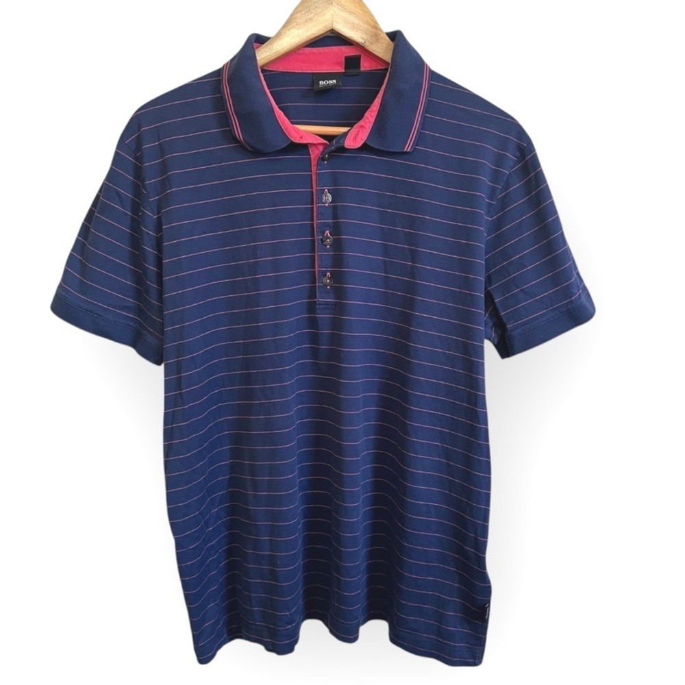 Hugo Boss Polo Shirt XL Navy Red Stripe Regular‎ Fit 100% Cotton Made in Romania